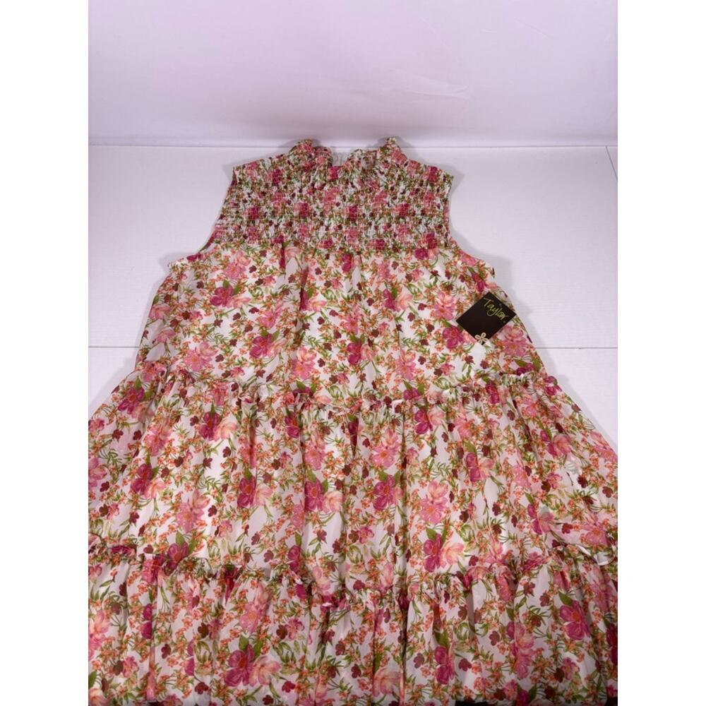 NWT Taylor Smocked Tiered White Dress with Pink & Green Floral Print Large 1161 - Picture 3 of 8